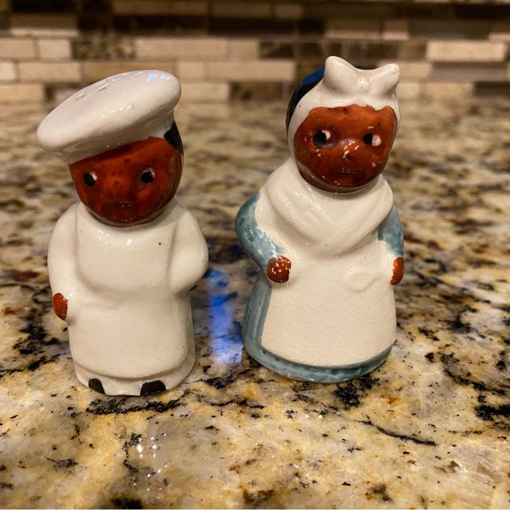 Vintage Charming Ceramic Chef and Maid salt and pepper shakers-White and green